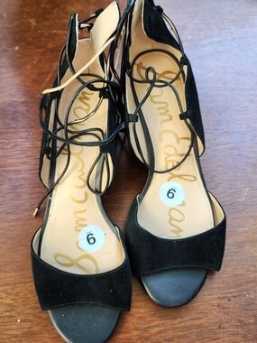 Sam Edelman Serene Black Suede Lace-Up Block Heel Sandals Size 9